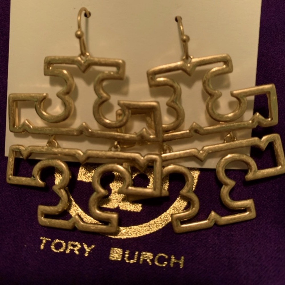 COPY - COPY - Tory Burch golden large light weight T logo Britton hinged dangli…